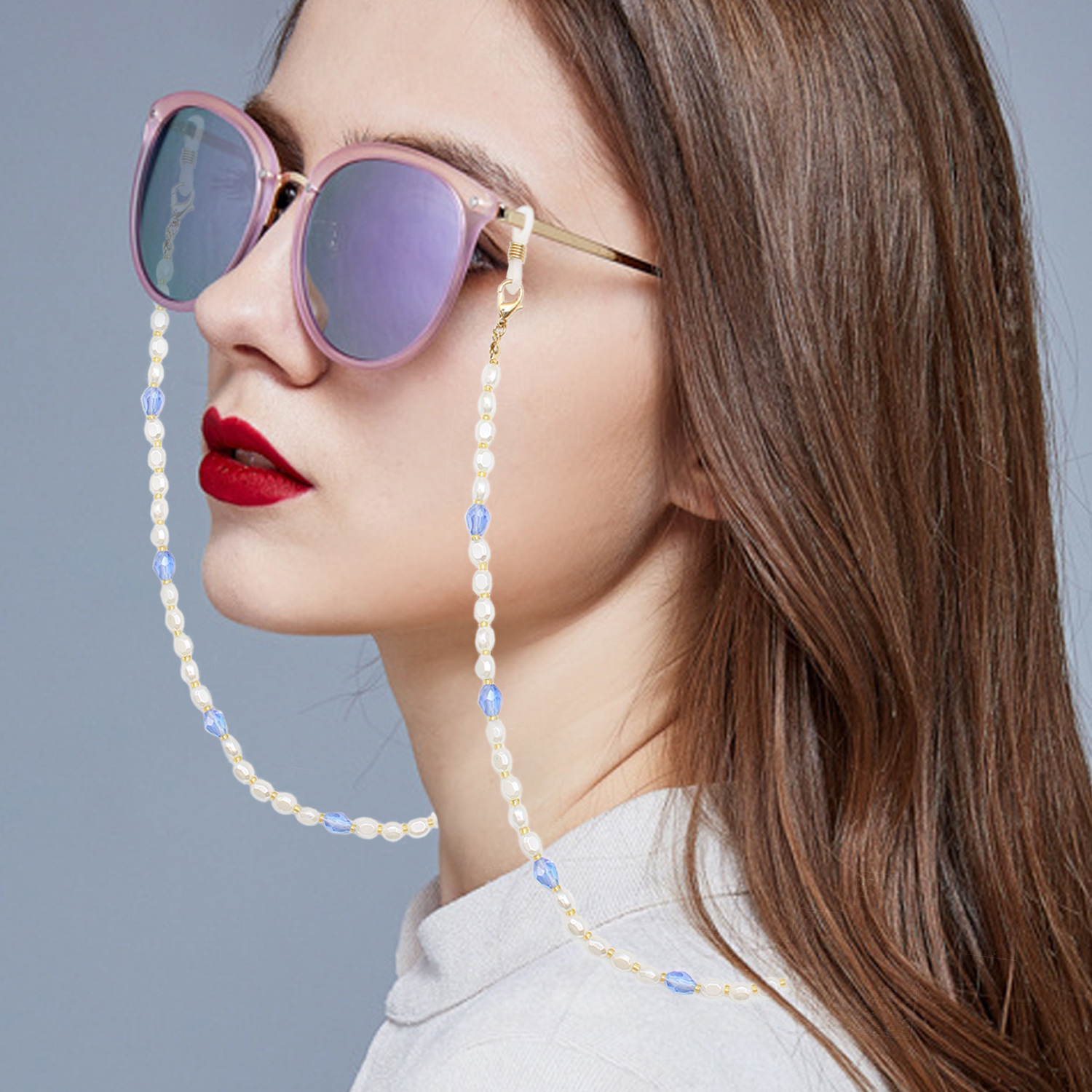 European and American acrylic pearl mask lanyards, Japanese and Korean fashionable eyeglass chains, multi-purpose neck straps, anti-drop pearl eyeglass lanyards Specification image