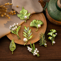 韩版时尚绿色立体树叶胸针 创意植物珍珠胸花精致别针西服配饰女