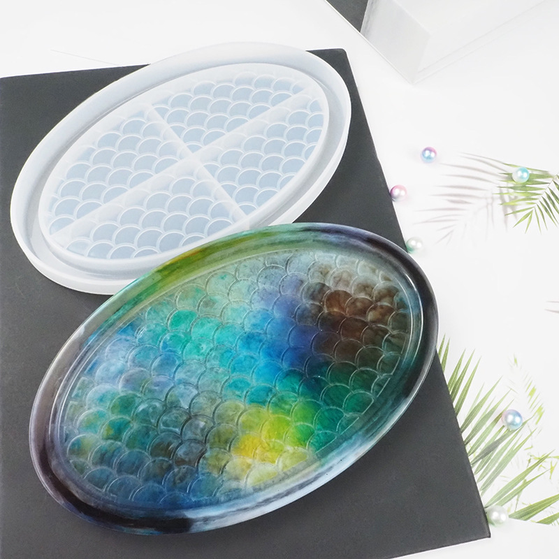 diy crystal resin mold, fruit plate, ocean fish scale elliptical tray, storage box, resin display table, silicone mold