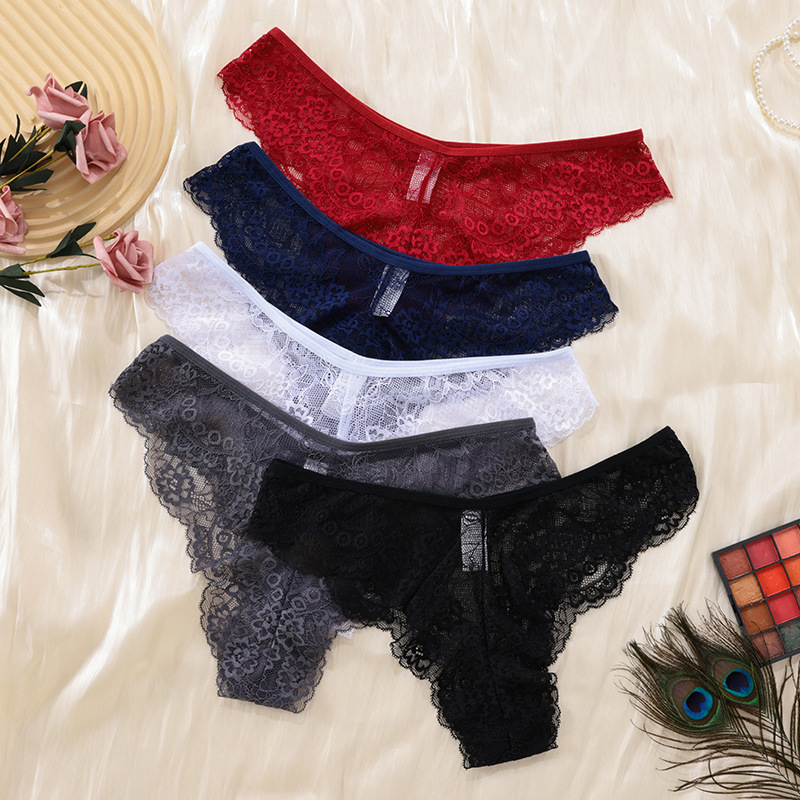 Olivia's Night Cross-border European and American sexy underpants for women, lace low-waist seductive half-hip pure cotton crotch export knitted triangle pants for women details Picture