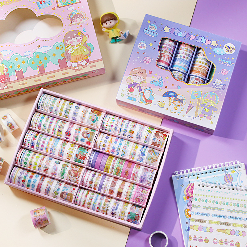 100 rolls of non-repetitive planner set gift box, cute and girlish heart, and wholesale of paper tape planner material stickers and paintings details Picture