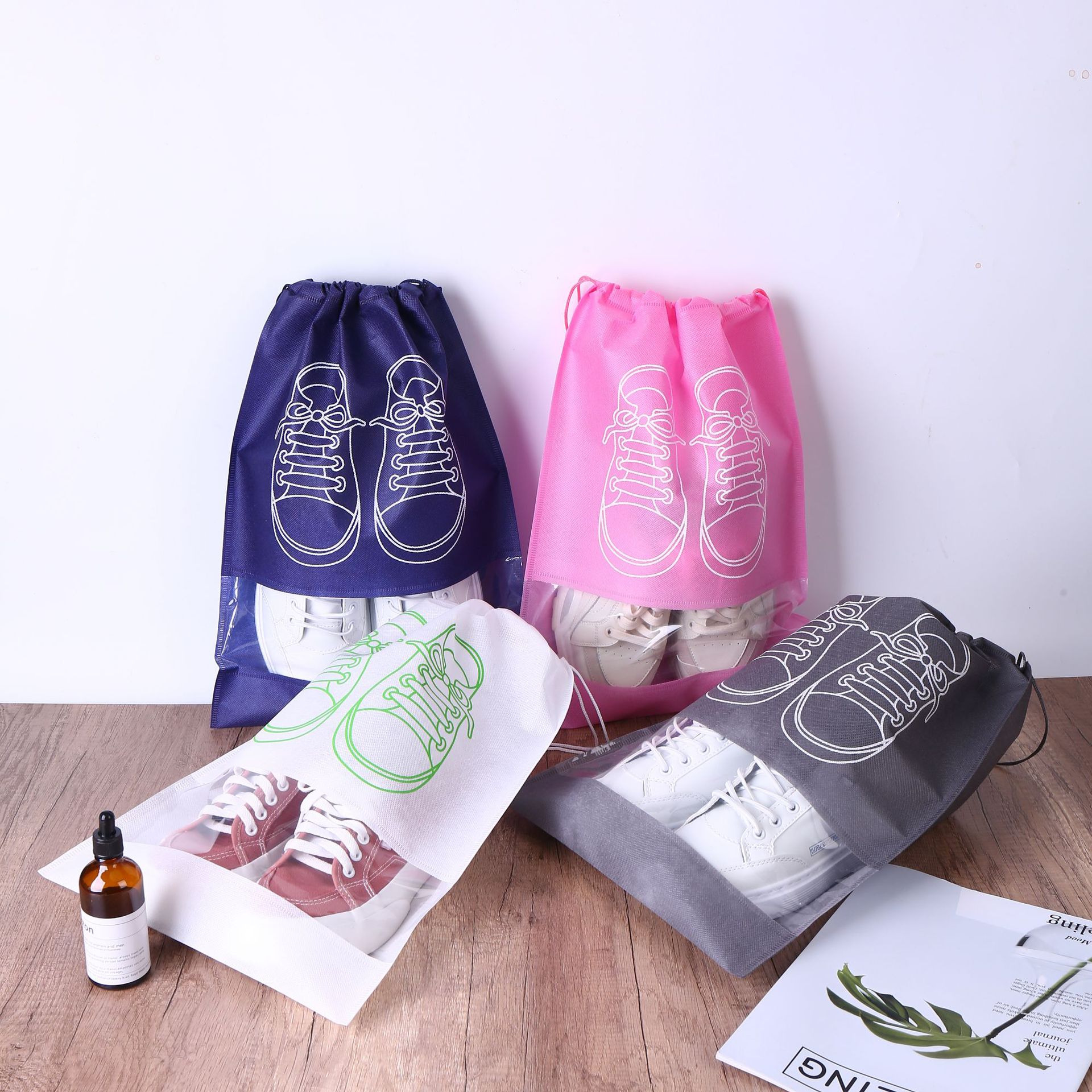 In-stock shoe storage bags, non-woven fabric drawstring bags, home and travel storage bags, dust-proof and eco-friendly bags, drawstring shoe bags Specification image