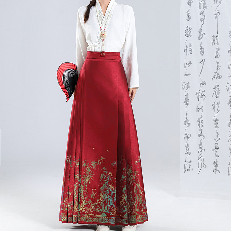 原创幻彩红竹马面裙汉服女订婚礼服新中式中国风日常新款醉梦夕风