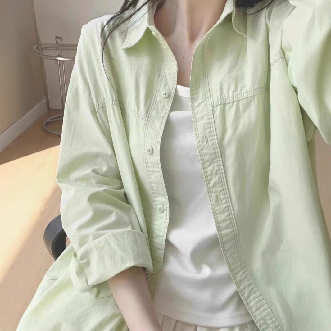 The 2025 new dopamine cream-colored pure cotton shirt is suitable for women to wear as a loose shirt coat in summer for sun protection details Picture