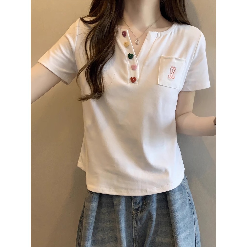 v领短袖女t恤洋气时尚正肩上衣显瘦遮肉夏季女装小众上衣女A3576