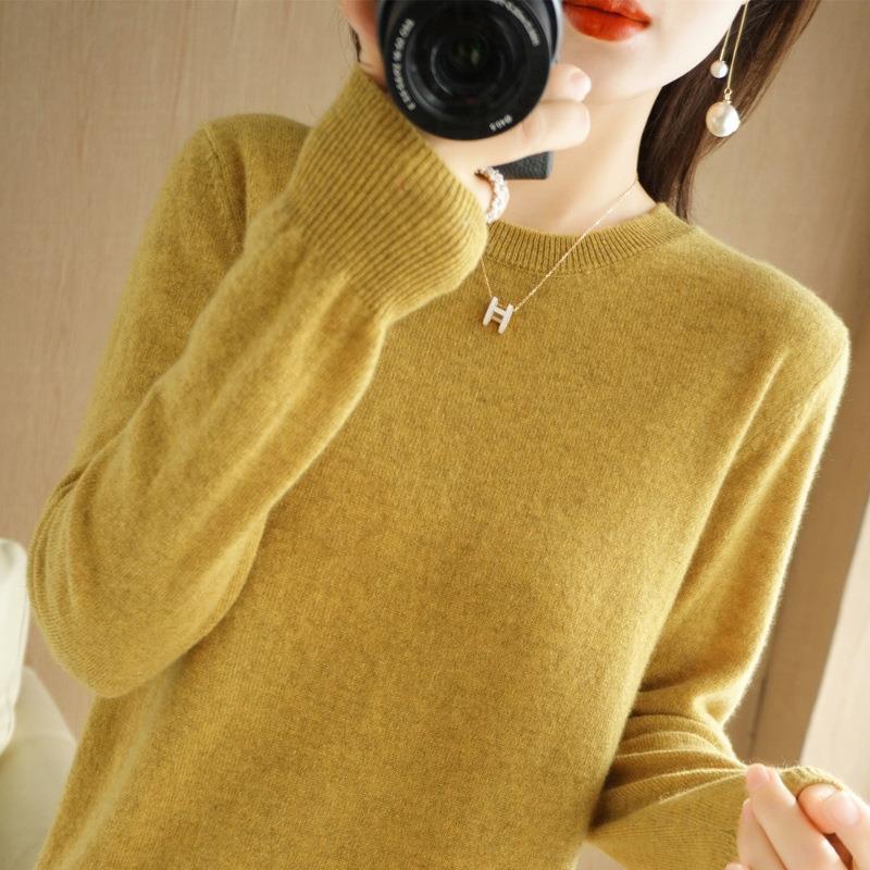 New autumn and winter round-neck sweater, women's pullover knitted sweater, solid color long-sleeved women's dress, thin style with short base layer