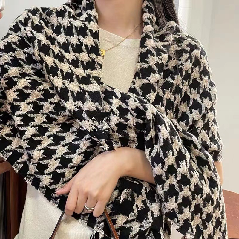 Korean Version Of Hand-Woven A Thousand Bird Check Scarf Women's Winter Thickened Large Shawl Dual-Use Check Bib Custom details Picture