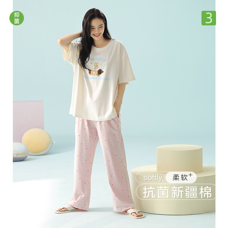 【 Antibacterial Xinjiang Cotton 】2025 Spring Short-sleeved and long pants pajamas for women's summer Pure cotton Korean style cute thin home wear