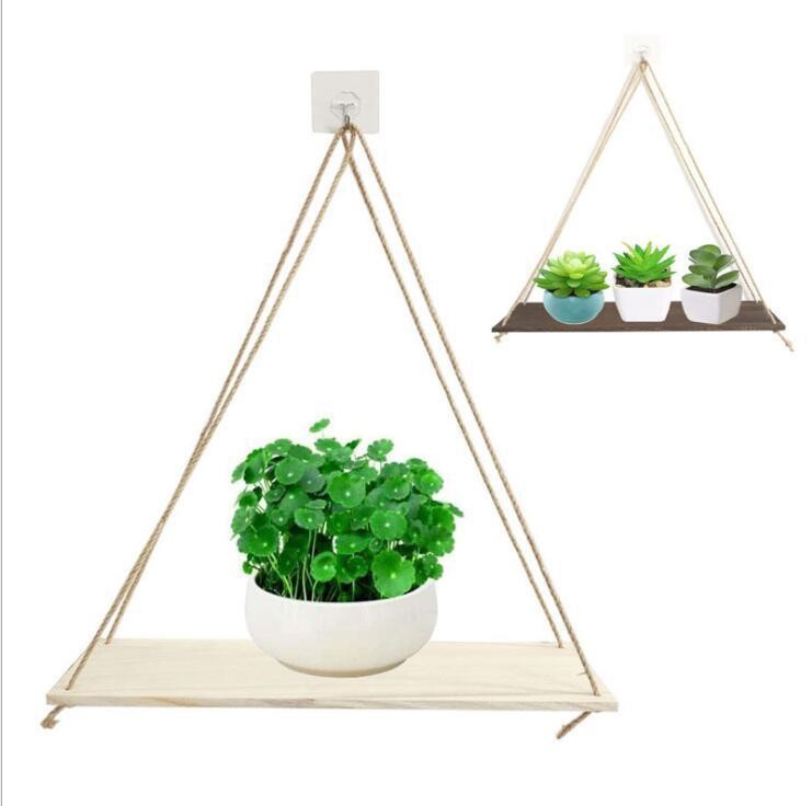 Wooden hemp rope wall-mounted storage rack, wall-hung flowerpot storage rack, wooden board wall-mounted hanging decorative items details Picture