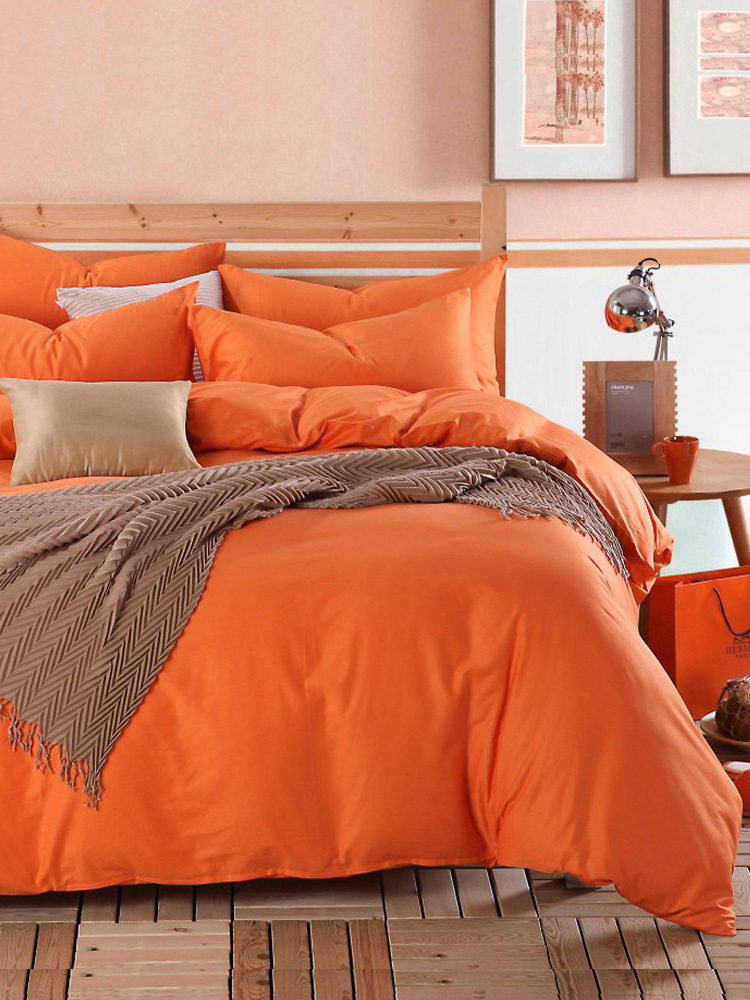 Xyt Spring Pure Color Pure Cotton Bed 4-Piece Set Of 100 Cotton Bed Sheets Bed Cap Simple Plain Orange Bed Cover Bed