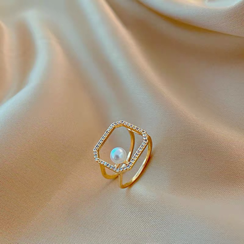 韩版个性珍珠开口戒指女小众ins风简约气质几何方形食指指环批发