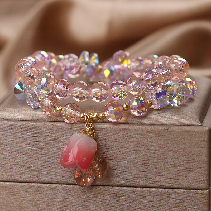 奥地利水晶手链女款轻奢精致双圈叠戴铃兰花粉晶手串学生闺蜜手饰