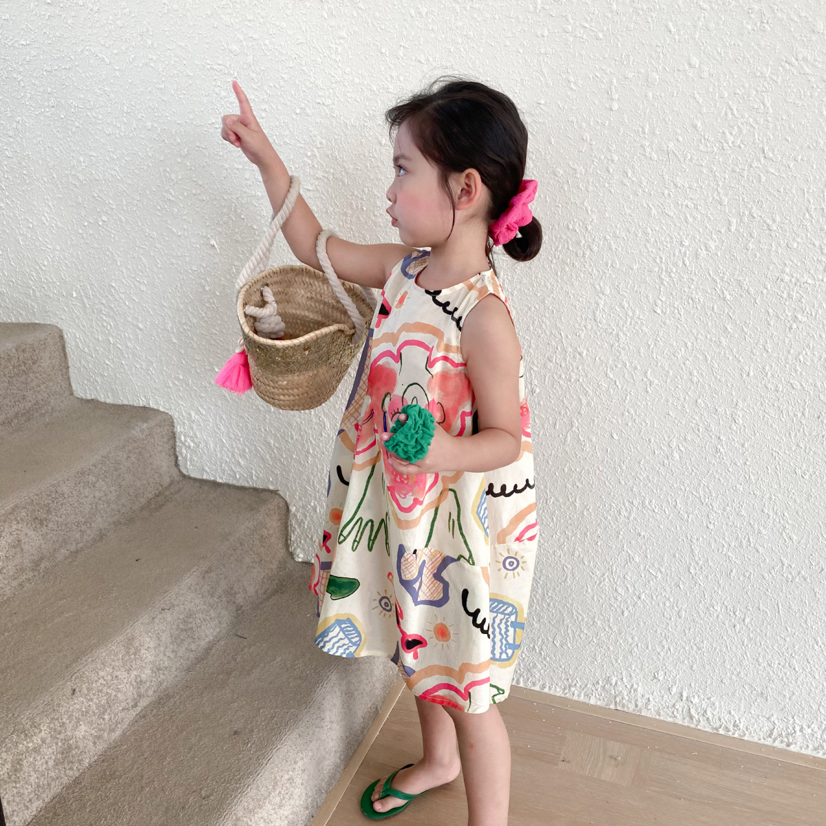 2022 New Style of fun Korean girls' sleeveless dress with printed baby and fashionable cotton fabric Specification image