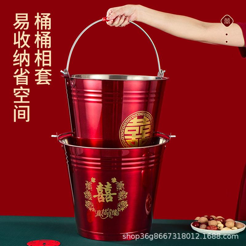 A pair of red wedding buckets for the bride's dowry, a complete collection of stainless steel water buckets for moving to a new home and wedding supplies Specification image