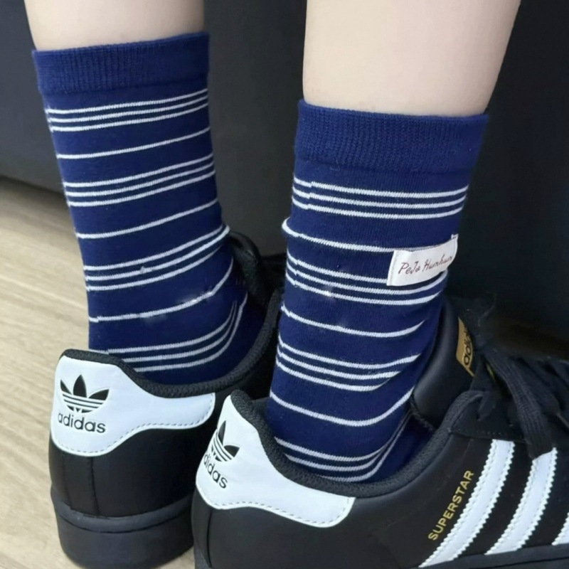 袜子地摊一件代发美式英文布标学院风细条纹长筒袜子全棉女春夏ins风无骨堆堆袜一件代发