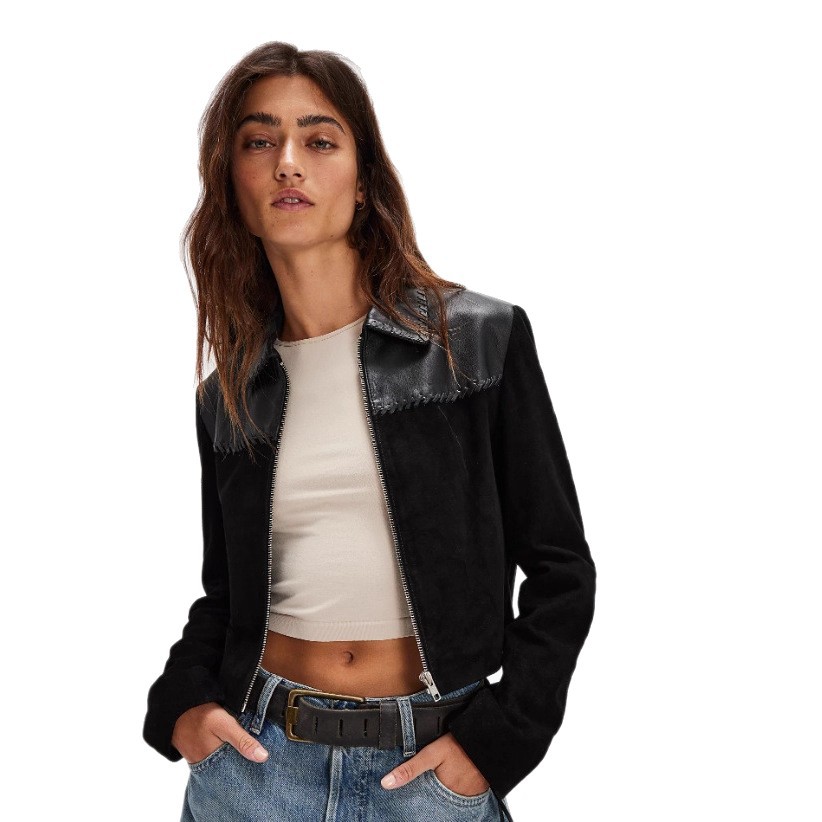 European and American cross-border FP autumn and winter PU leather suede fleece spliced zipper short motorcycle jacket for women MG580 Item Picture