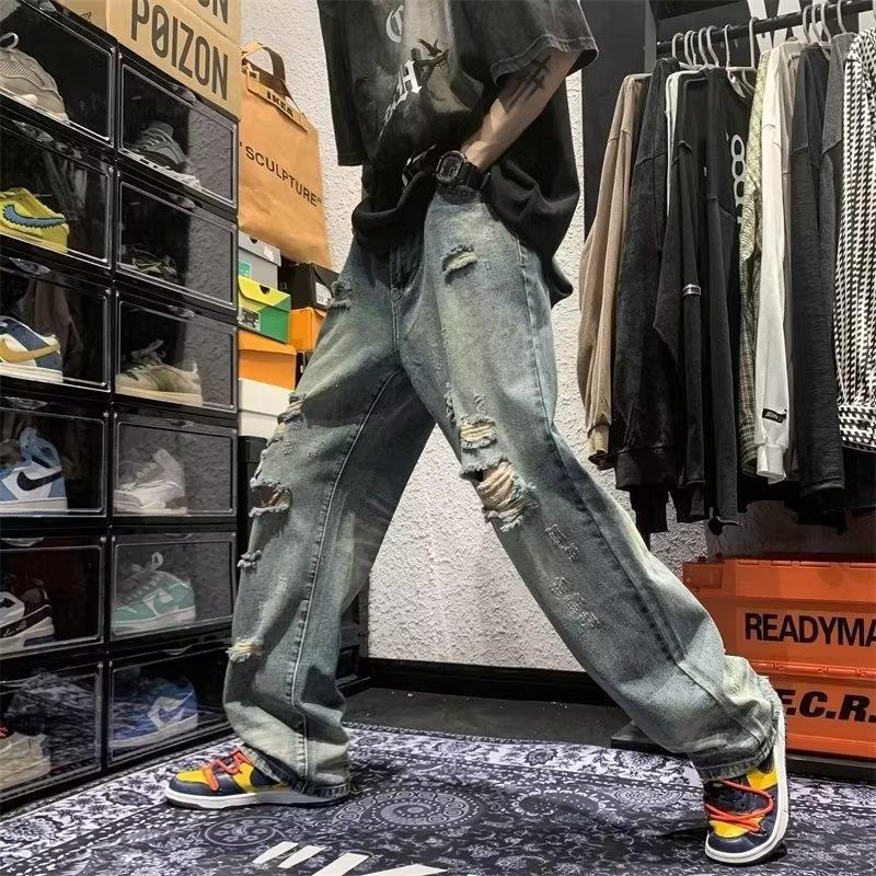 Scraped to make old wash spring and fall fashion teen High street Instagram beggar pants men's jeans baggy wide-leg pants