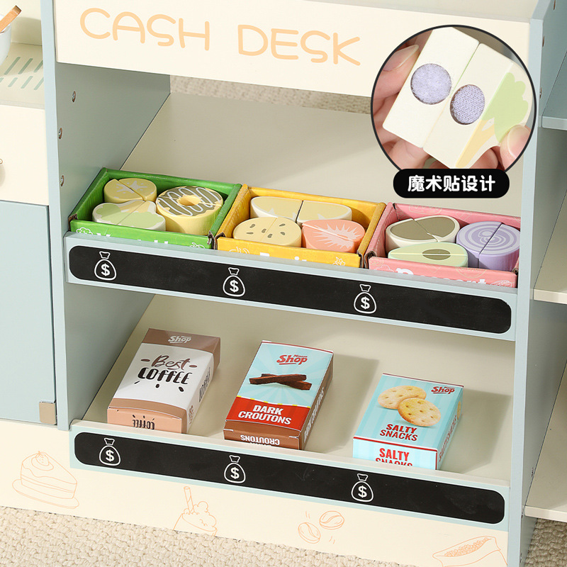 The kindergarten living area is decorated with children's simulation supermarket vending table play every fruit vending machine supermarket scan cashier toy set wooden play every toy corner supermarket combination Application Scenario