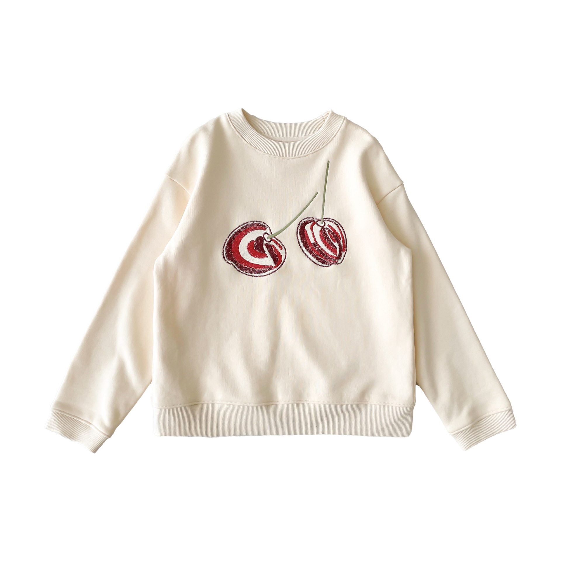 Sikke 22 otoño invierno niña 100% algodón cereza grande bordado lazo sudadera arroz blanco cute manga larga cuello redondo top Item Picture