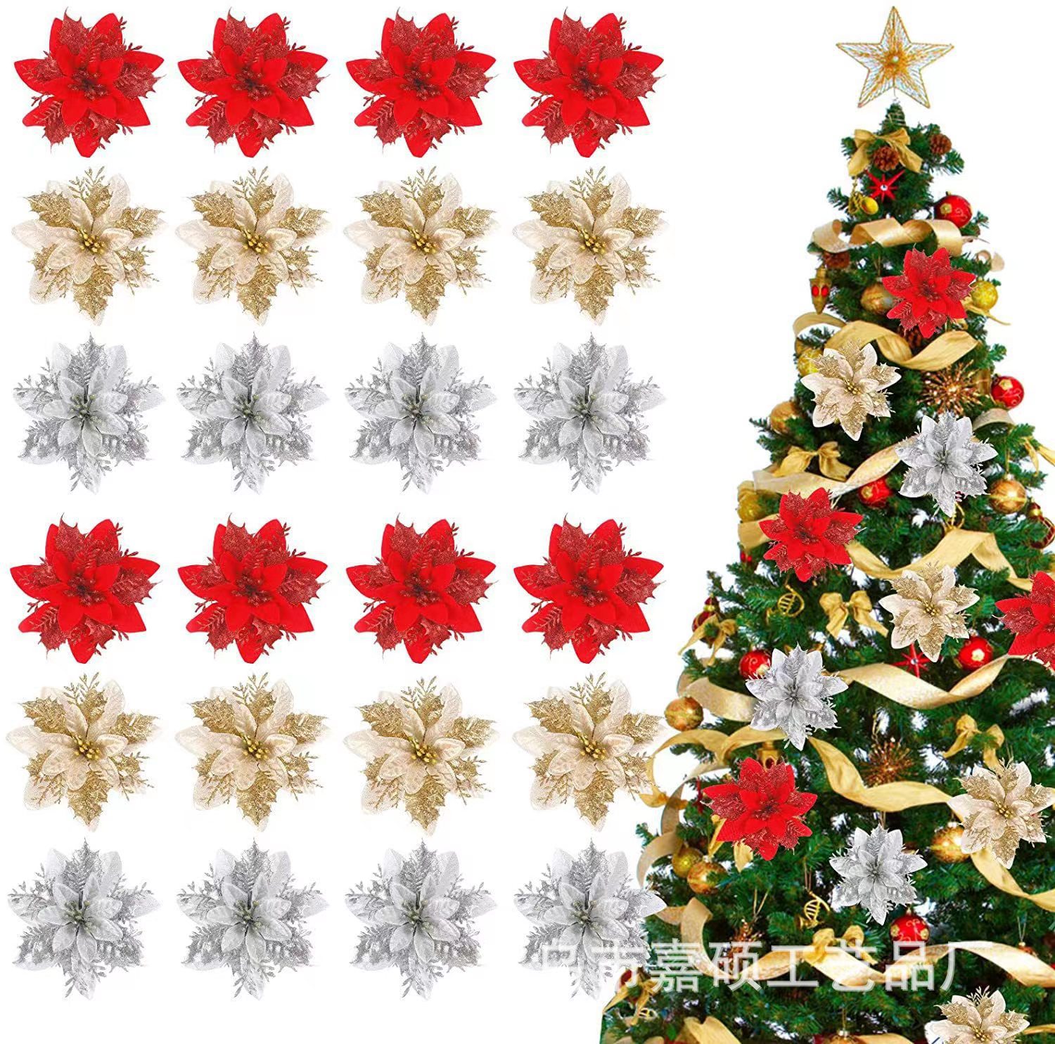 Christmas Flower Gold And Silver Red Three Layer Plastic Flower Powder Three-Dimensional Christmas Flower High-Grade Christmas Flower Source Manufacturers Wholesale