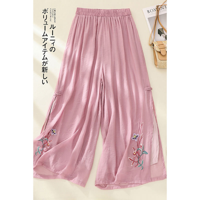 国潮新中式盘扣绣花双层阔腿裤裙女夏季休闲直筒裤百搭开叉九分裙裤薄