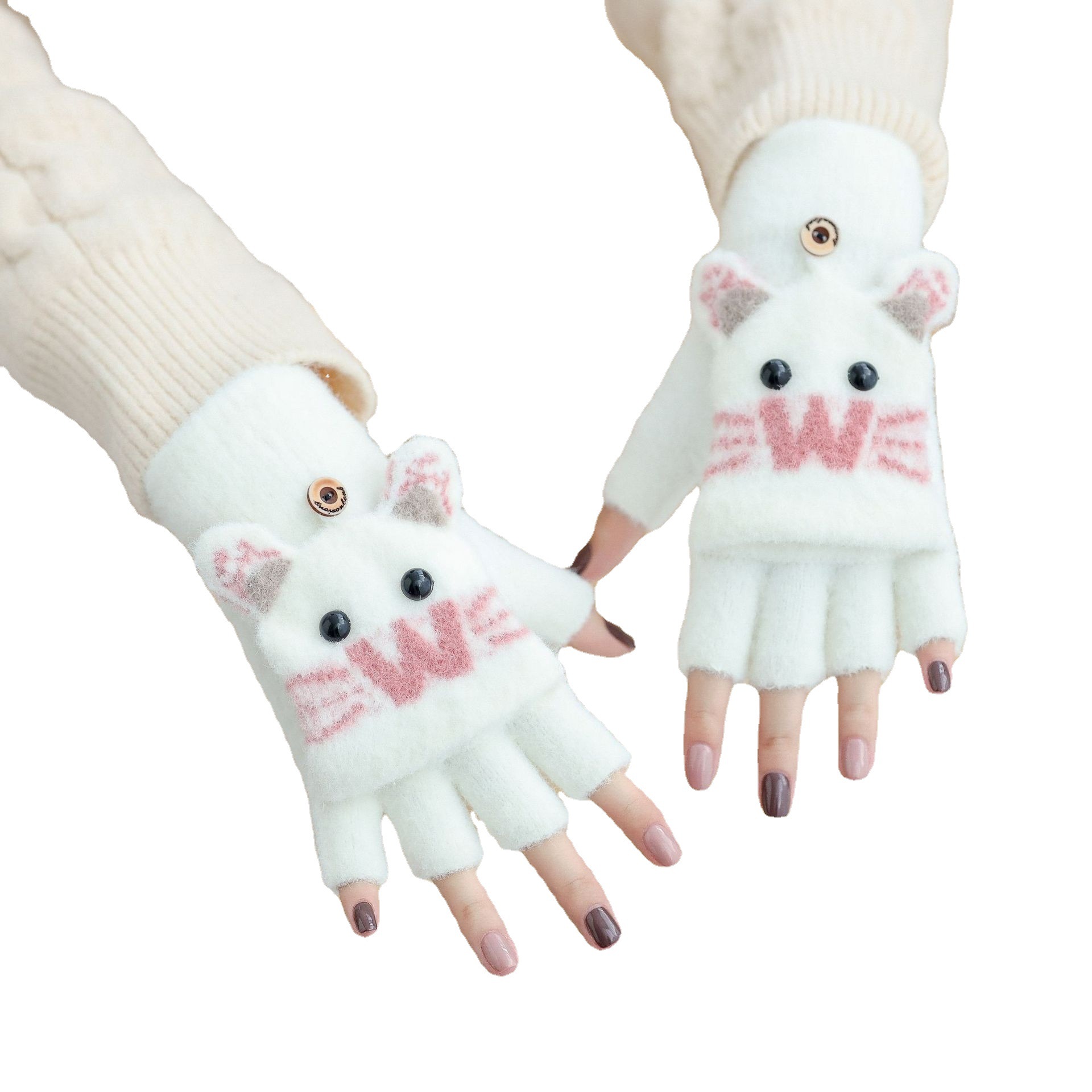 Flip-top fingerless gloves for girls in autumn and winter, warm and cute cartoon, half-fingered knitted with fleece, for middle and primary school students Item Picture