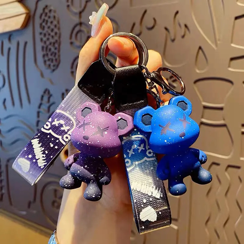 Cartoon starry sky chameleon bear car keychain, gradient violent bear, cute doll, schoolbag, hanging accessory, gift Specification image