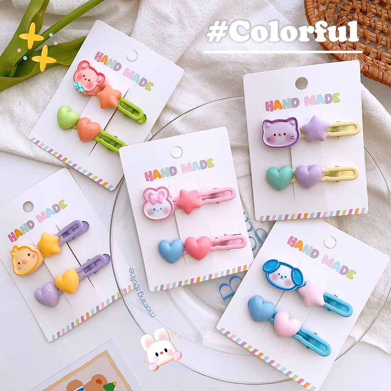 Dopamine Girl Creamy Cartoon Animal Color Contrast Heart Hollow Hairpin Cute Student Children Hair Accessories full figure