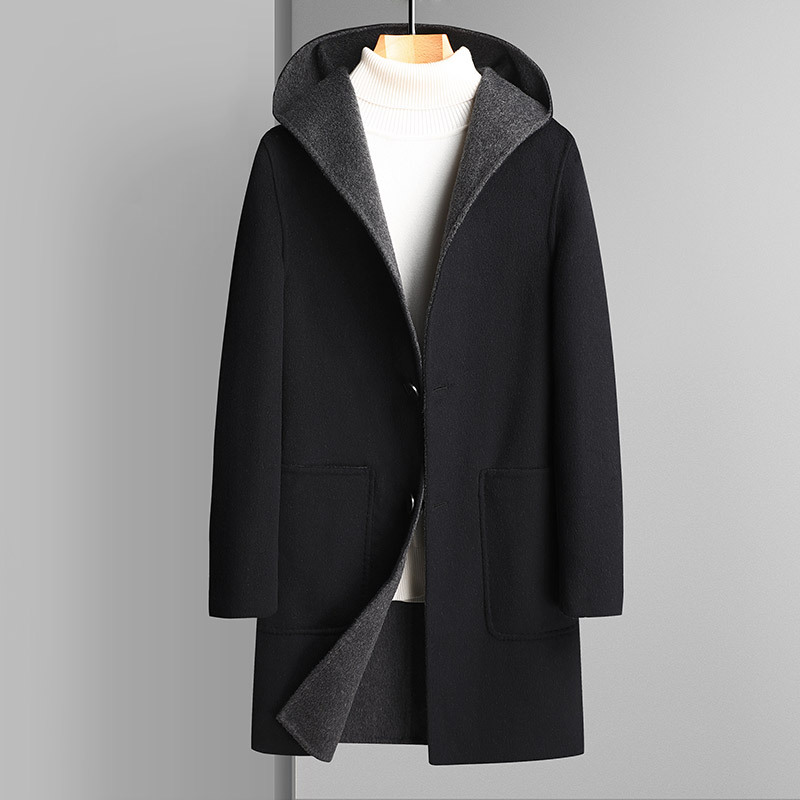 New hooded double-sided wool coat for men, mid-length double-sided nylon coat, windbreaker, and trendy young men's coat Specification image
