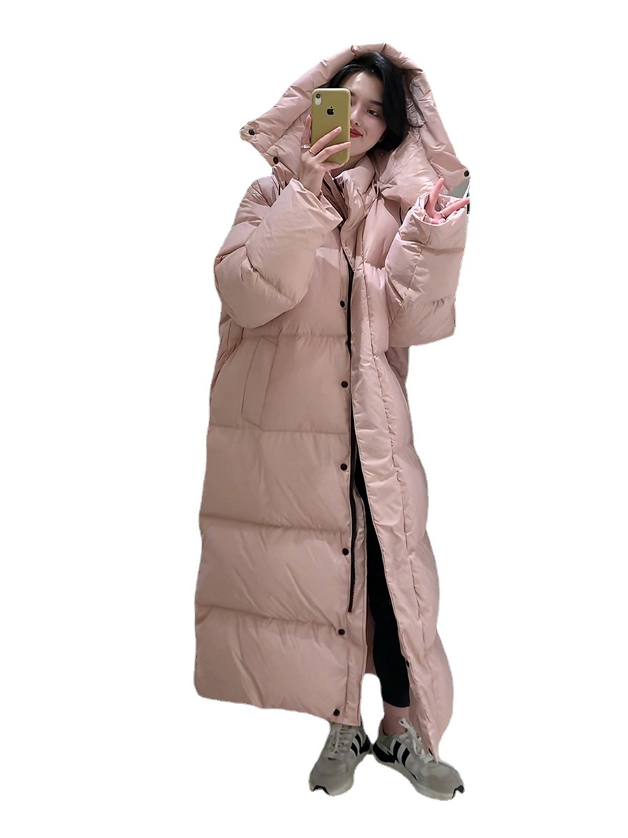 White duck down jacket for women, 2022 new style long knee-length matte pink thick hooded loose jacket Item Picture