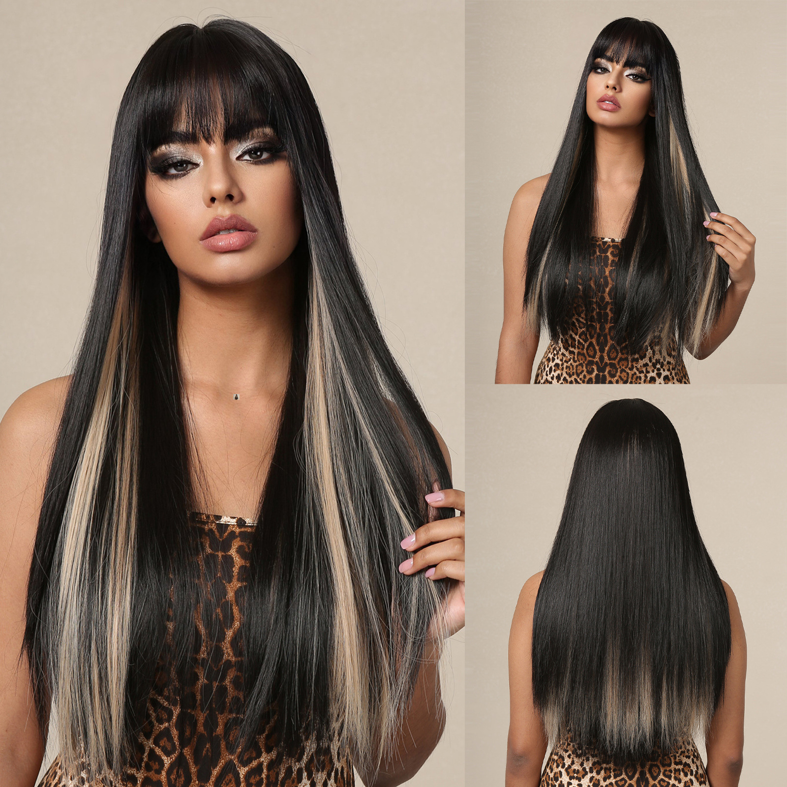 Wholesale of new cross-border bangs, gradient gray long straight hair synthetic fiber high-temperature silk wigs from Europe and America Specification image