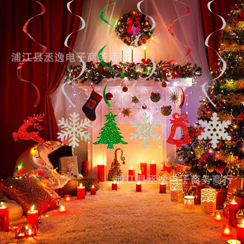 Cross-border new Christmas laser snowflake reindeer Christmas tree spiral hanging strips Party atmosphere decoration hanging ornaments details Picture