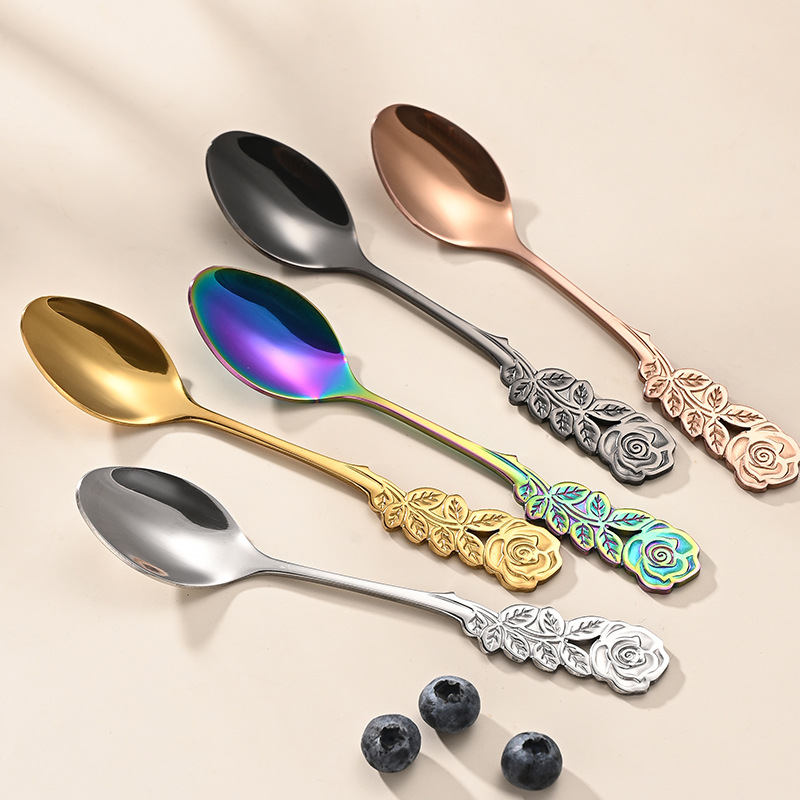 跨境不锈钢玫瑰花柄勺子甜品咖啡燕窝勺婚礼伴手礼品勺可激光LOGO