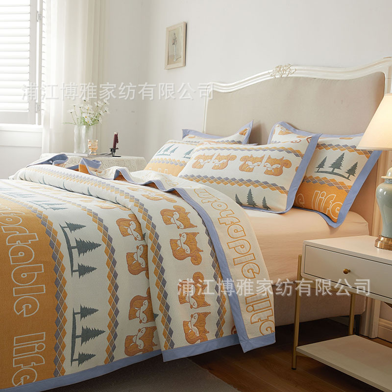Boya Home Textile Xinjiang Cotton Japanese-style Pure cotton Bed cover three-piece set Long-staple cotton six-layer yarn thin quilt Pillowcase manufacturer wholesale