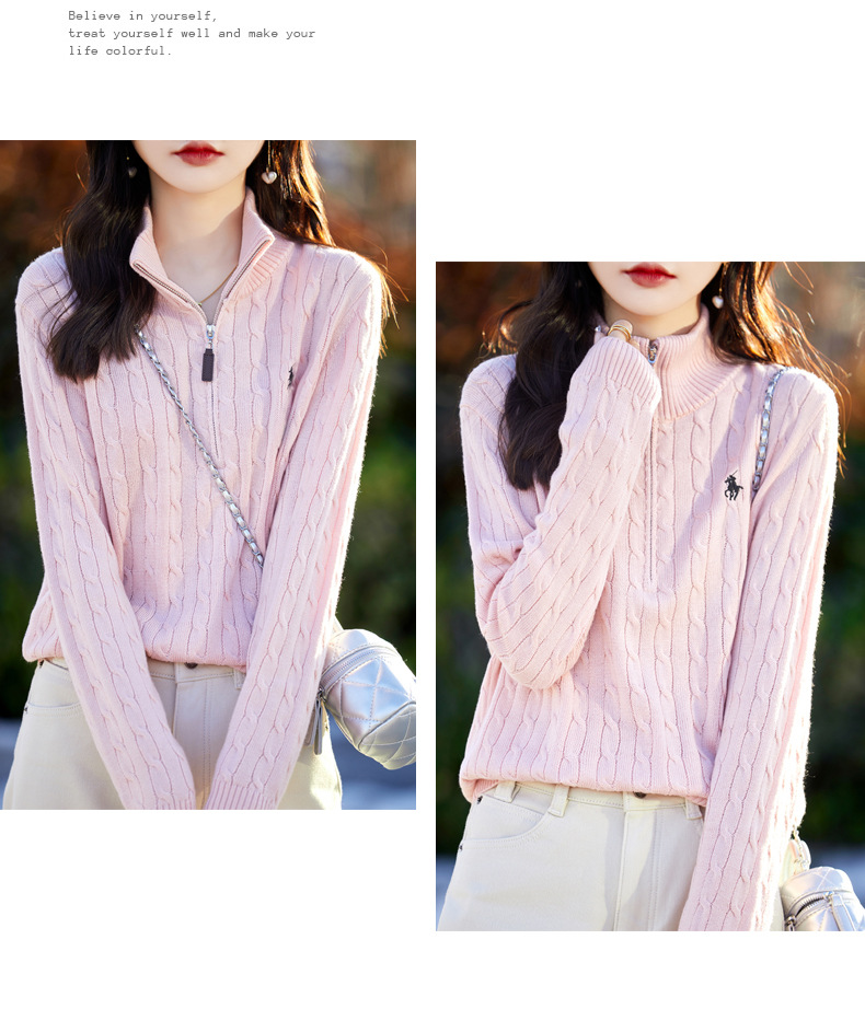 秋冬麻花针织衫女半开领拉链保罗慵懒宽松套头毛衣显瘦上衣打底衫详情16