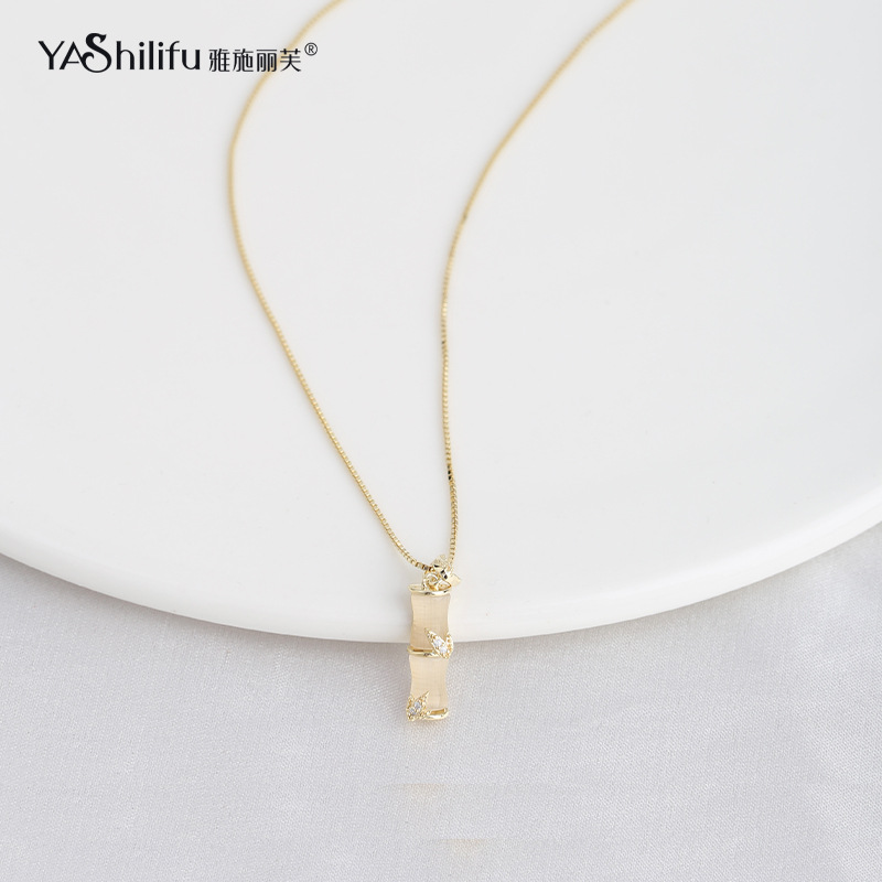 Yashliv minority bamboo newspaper peace cat's eye necklace K gold S925 silver collarbone chain designer jewelry women
