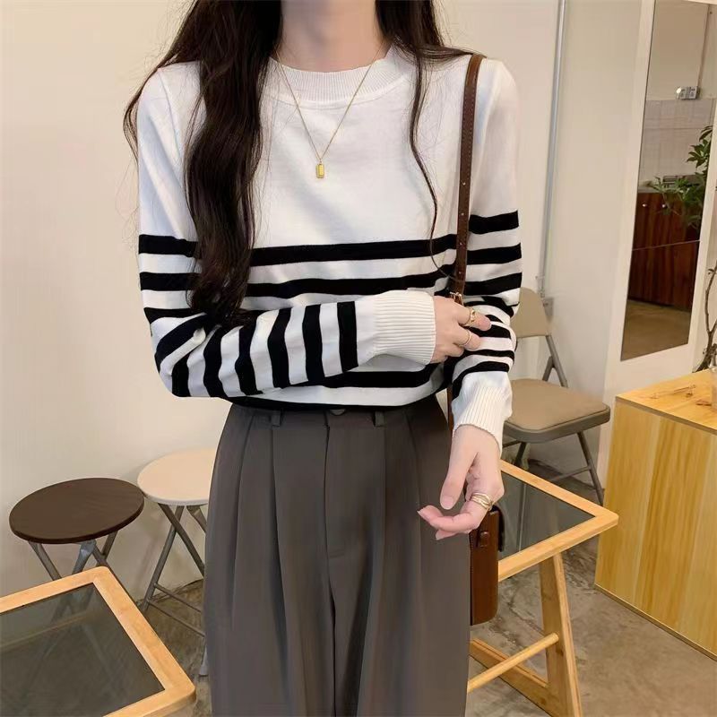跨境秋冬新款条纹针织衫大码女 欧美针织亚马逊圆领套头粗针毛衣详情1