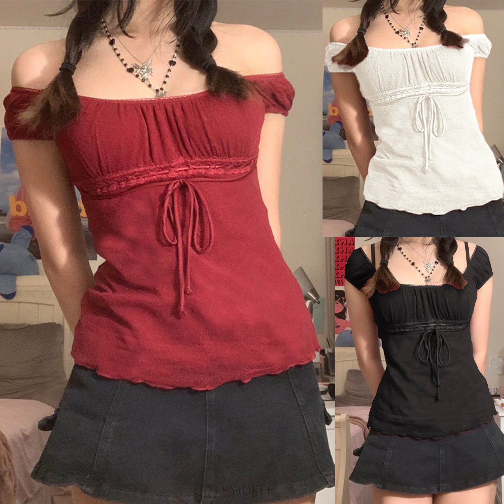 SU2758, a new sexy and elegant women's lace blouse with mesh fabric for export, featuring a pullover with a bow and a cinched waist