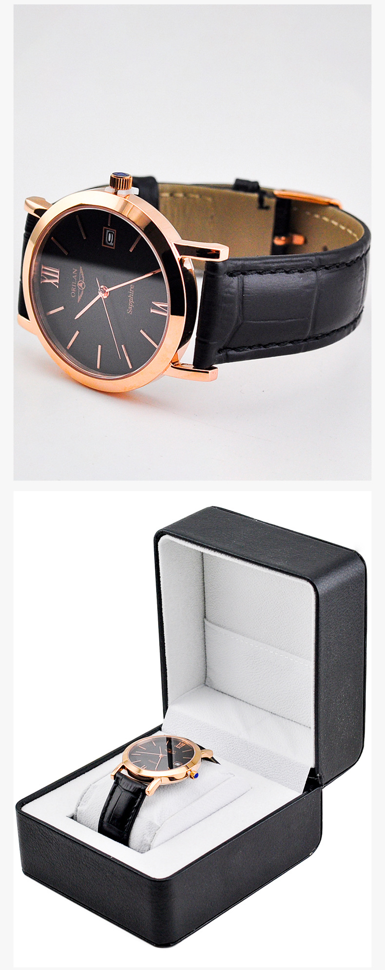 新款严选304不锈钢表壳 平片蓝宝石玻璃石英手表车黑色商务手表详情10