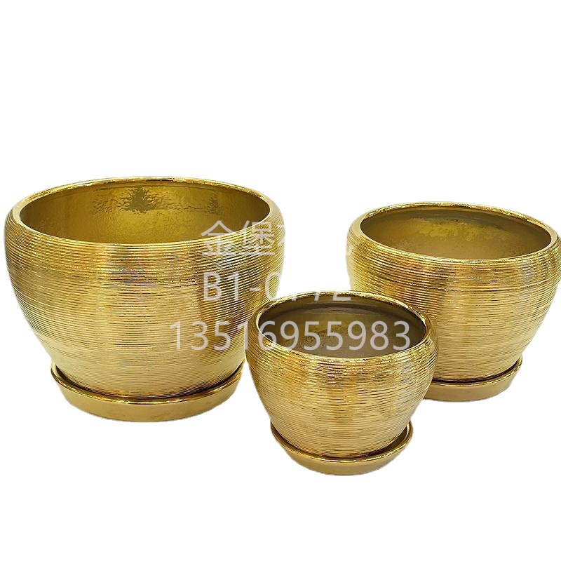 Large diameter Nordic electroplated brushed gold large flowerpot Round ceramic plant ware flowerpot outdoor household decoration Item Picture