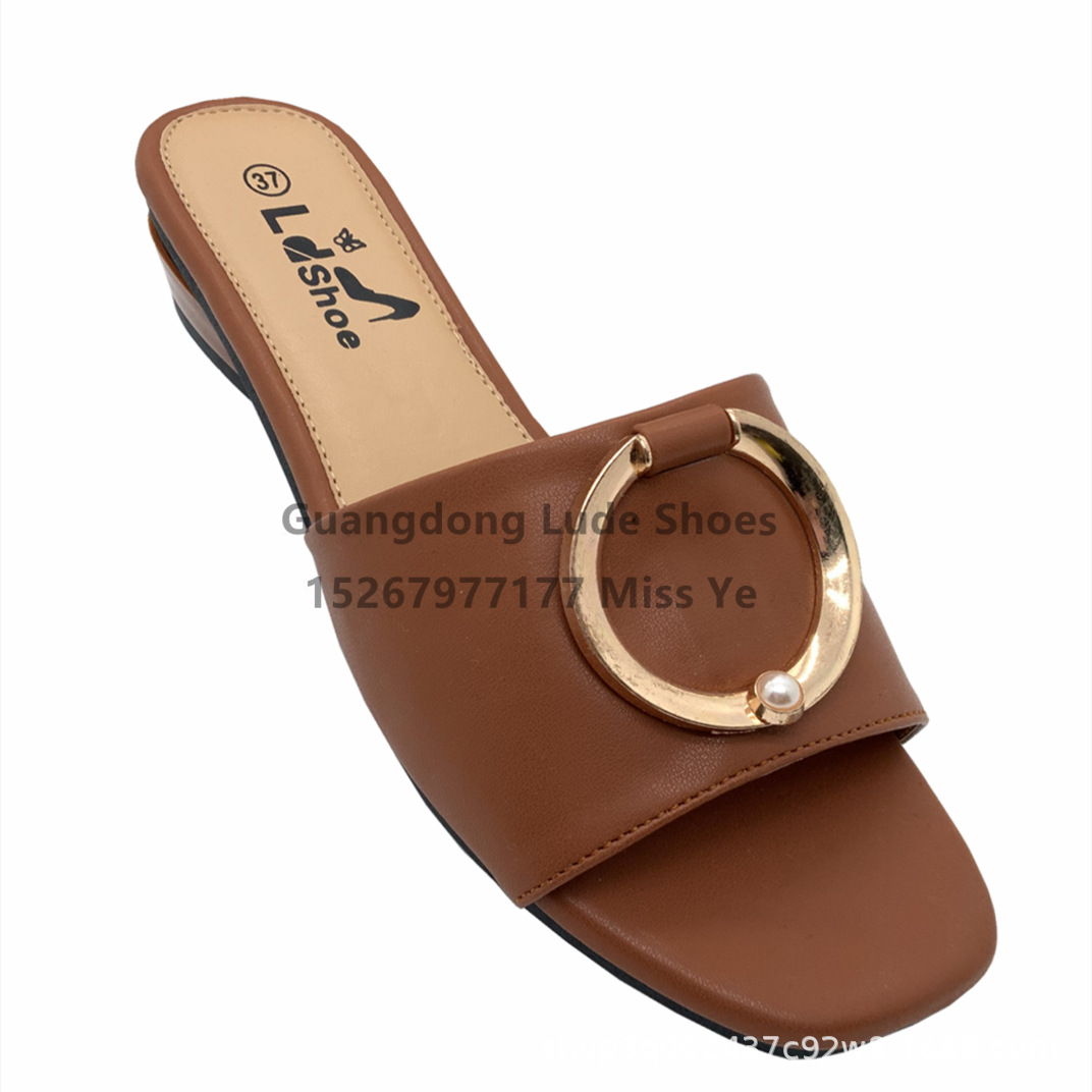 2022 New Summer Pearl Metal Buckle European And American Slippers Women's Wedge Sandals Guangzhou Women's Shoes Craft Shoes Sandals Item Picture