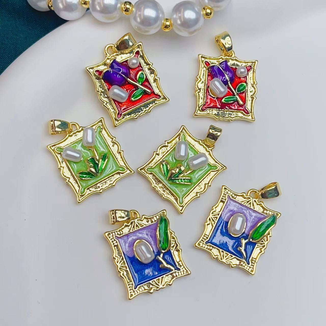 莫奈花园油画风珍珠吊坠diy宫廷轻奢法式铜镀真金保色吊坠配饰