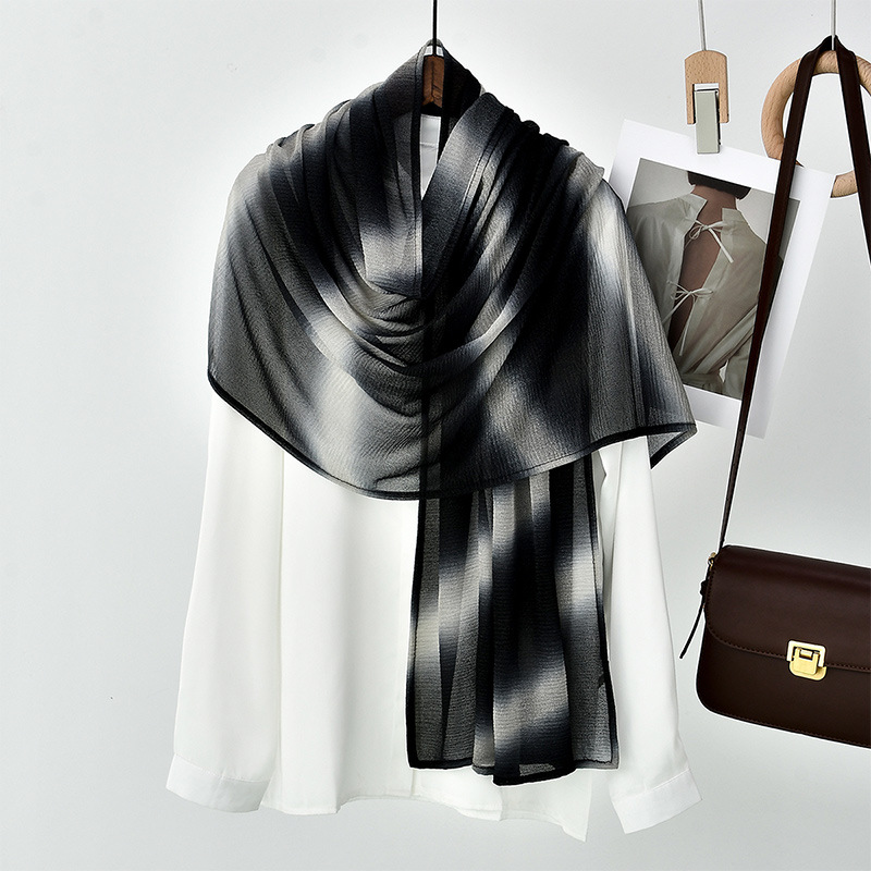 Wholesale of new solid-color gradient silk scarves, long scarves, women's scarves and thin polyester scarves for spring and autumn, which are popular in foreign trade Specification image