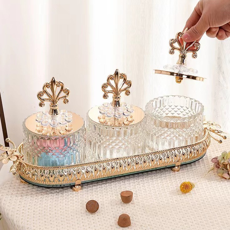 European Decoration Glass Candy Jar Phnom Penh Decorative Glass Crafts Electroplated Sugar Jar Four-Piece Furniture Storage details Picture