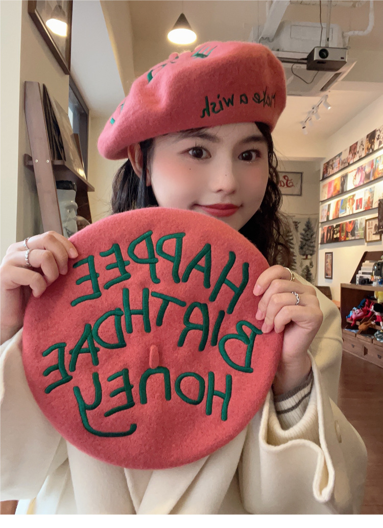 Wool Berets, Children's Autumn And Winter Headwear, Pink Painter Hats, Embroidered Birthday Cake Hats, Birthday Gifts For Girls