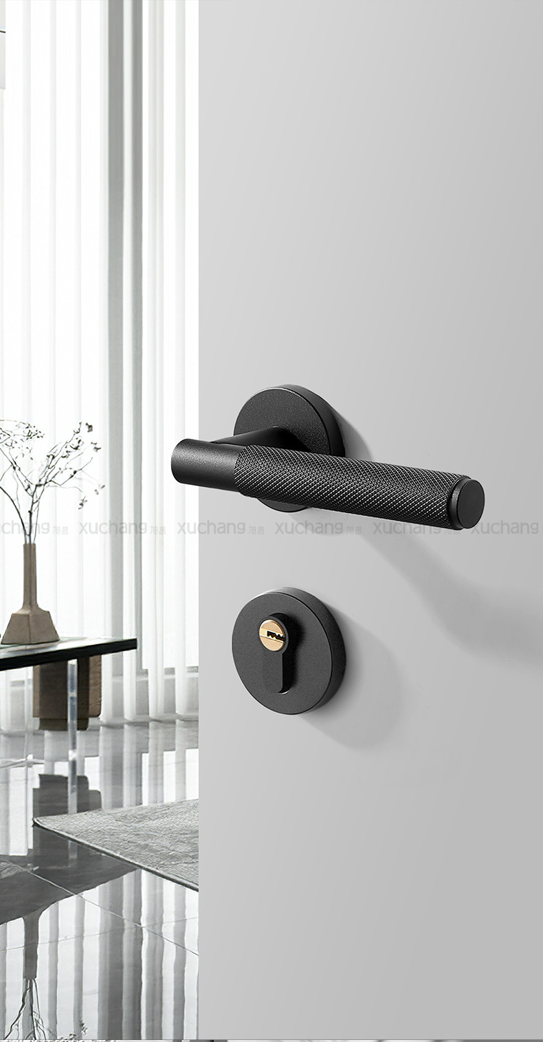 卧室门锁室内木门锁 美式分体锁具磁吸静音简约门把手黑色房门锁详情4