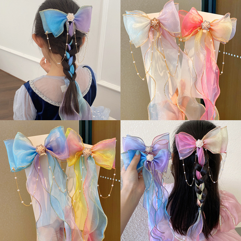 Super fairy-like pearl bow headwear, children's braid hair, ponytail, tassels, ribbons, hair clips, girls' hair ties, summer hair clips