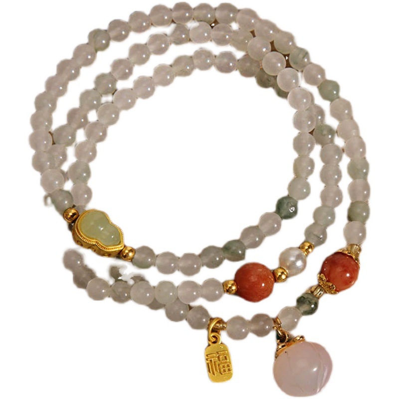 New Chinese-style Tianshan jade multi-layer jade bracelet for women, ins, niche, light luxury and high-end style, gourd and peach beaded bracelet Item Picture