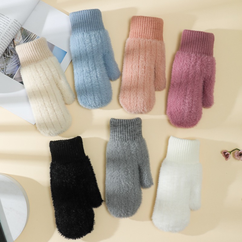 New cross-border faux mink fleece warm gloves for women to keep warm in autumn and winter, thickened and fleece, Korean-style solid color finger cover