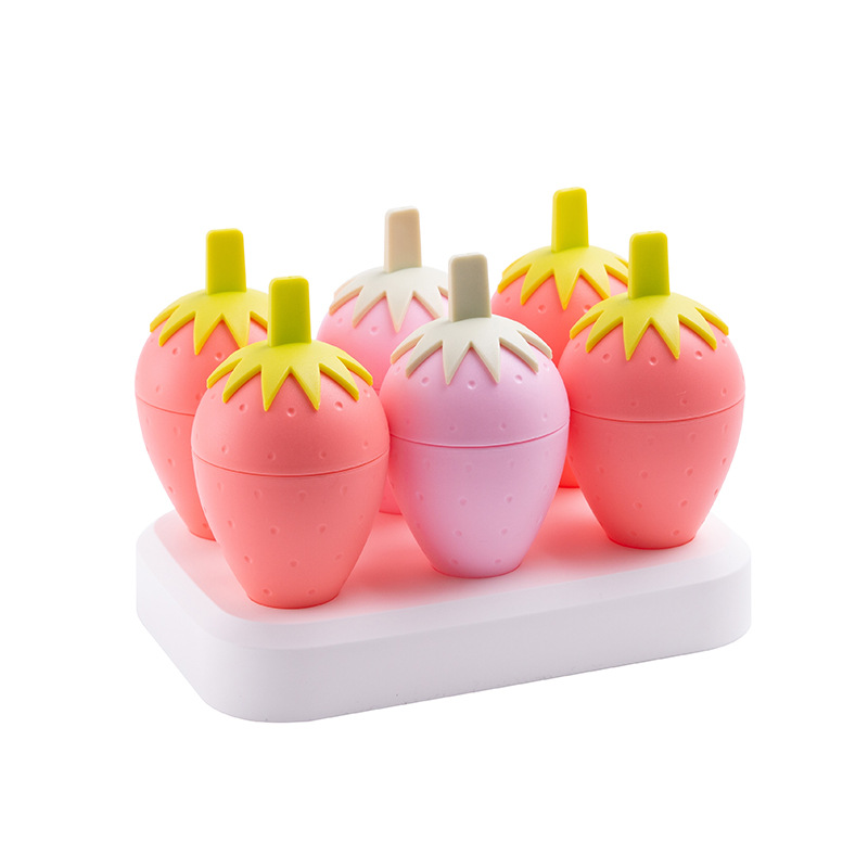 Cute fresa helado molde de silicona de grado alimenticio para niños caja de hielo hielo abrasivos para palitos para el hogar helado casero Item Picture